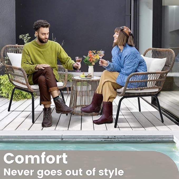 wildformers 3 Pieces Rattan Wicker Bistro Set, Outdoor Conversation Set, Wicker Furniture Set with Glass Top Table, Space Saving for Balcony, Backyard, Natural