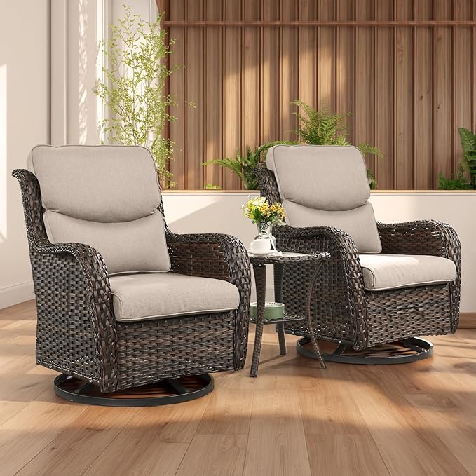 Rilyson Wicker Rocking Chair Swivel Chairs - 2 Piece Rocker Patio Chairs Set Rattan Rocking Chair for Outdoor Porch Deck Garden Backyard (Brown/Beige/Smile)