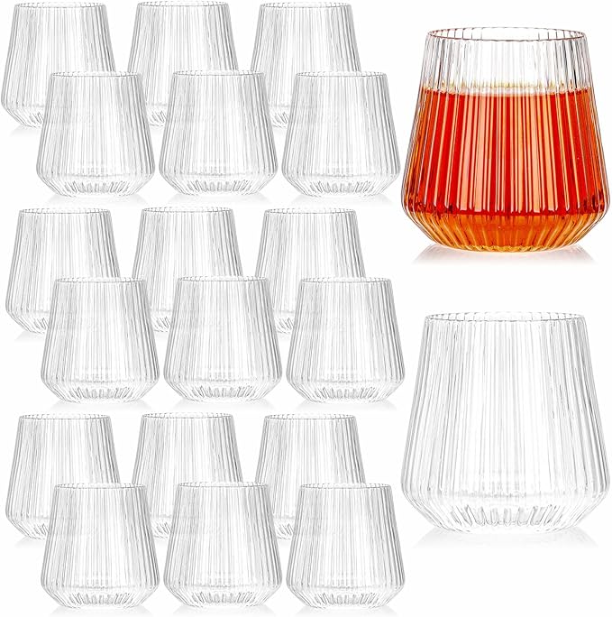 Tebery 20 Pack Plastic Ribbed Wine Glasses, 14Oz Origami Style Ridged Drinking Glasses Tumbler, Unique Vintage Stemless Cu...