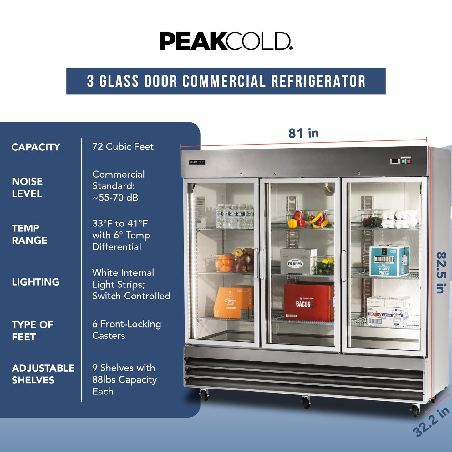 PEAKCOLD 3 Glass Door Commercial Refrigerator - 72 Cubic Ft, 81" Wide Stainless Steel Reach-In Commercial Refrigerator with White Internal Lighting - Freestanding Industrial Fridge