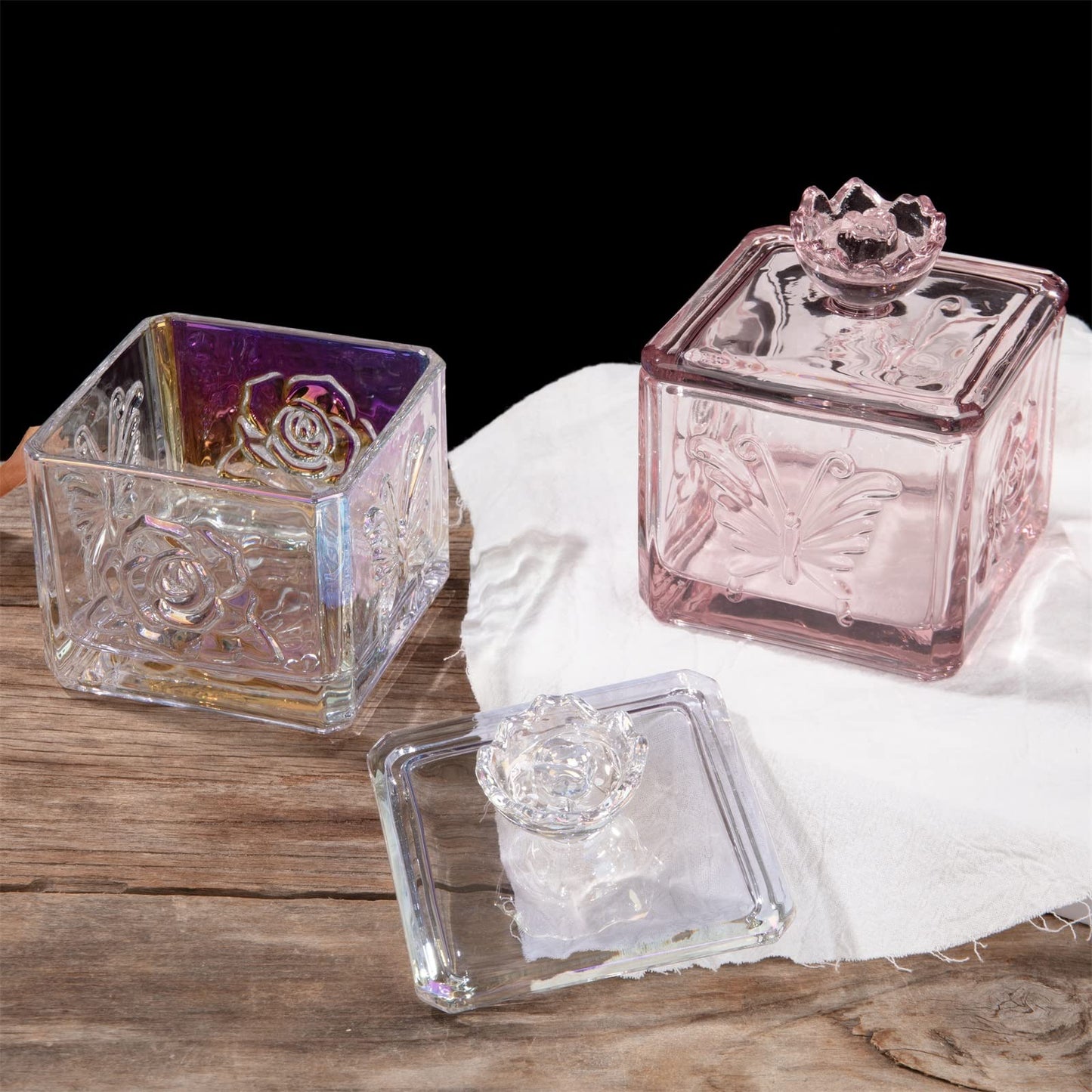 LWXPAIYY Iridescent Glass Candy Dish with Lid,Small Cute Irised Clear Embossed Glass Candy Jar with Lid,Candy Dishes Bowl with Lids,Crystal Decorative Candy Dish Jar for Office Desk(Iridescent)
