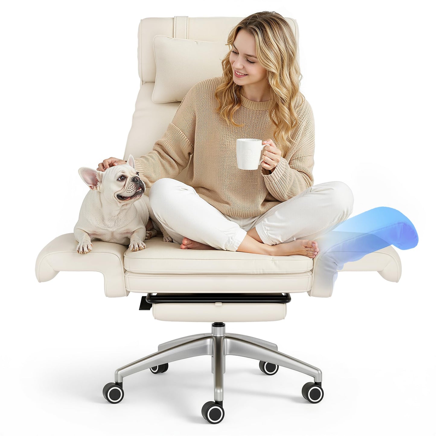 FLEXISPOT Oversized Big and Tall Office Chair, 180° Flip Armrests for Pets&Cross Legged, Computer Desk Chair with Footrest, Lounge Chairs for Home Office Gaming Working, ScratchSafe Air Leather, Beige