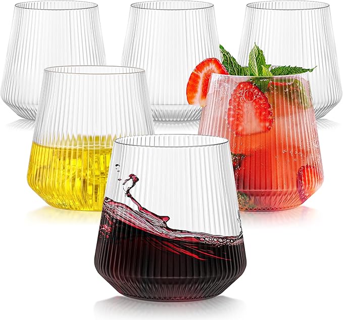 tchrules 40 Pack 12oz Plastic Stemless Wine Glasses, Clear Disposable Ribbed Cocktails Whiskey Glasses, Unbreakable Outdoo...