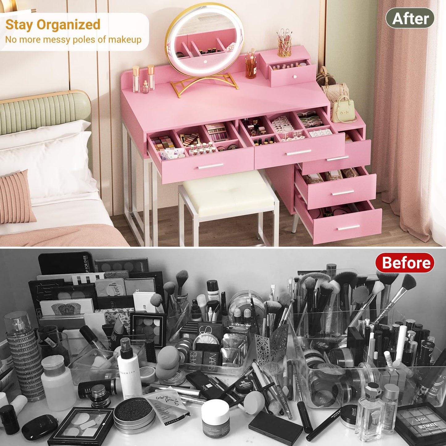 Pink Vanity Desk with Mirror and Lights, Modern Makeup Vanity Table Set with 6 Storage Drawers and Cushioned Stool for Bedroom, Dressing Table with Divided Organizers for Women Girls, Pink