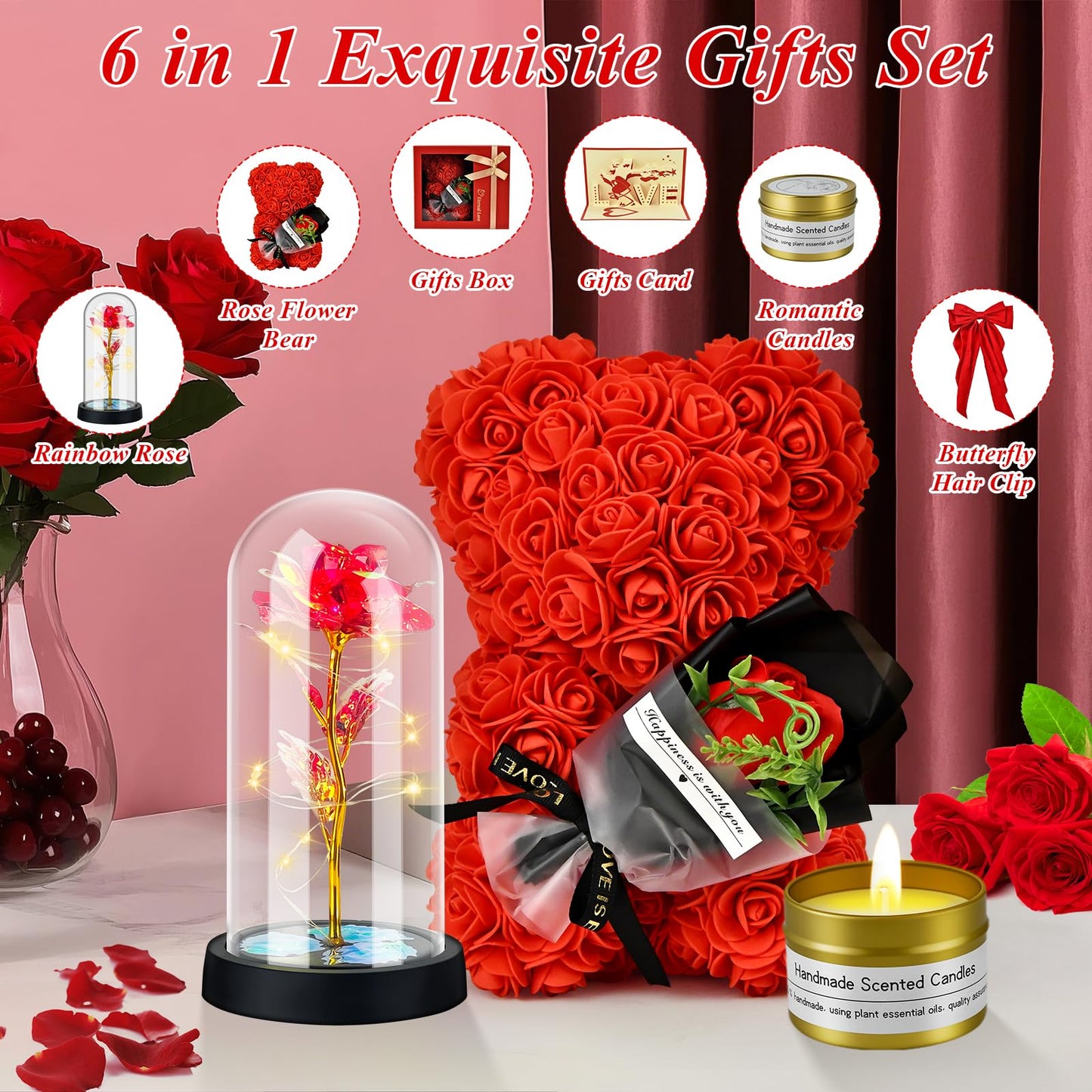 Jibeufi 6 in 1 Romantic Gifts for Her, Flower Rose Bear Birthday Gifts for Girlfriend Women Mom Kids Daughter, Wedding Gifts, Teddy Bear for Women (Rose Red)