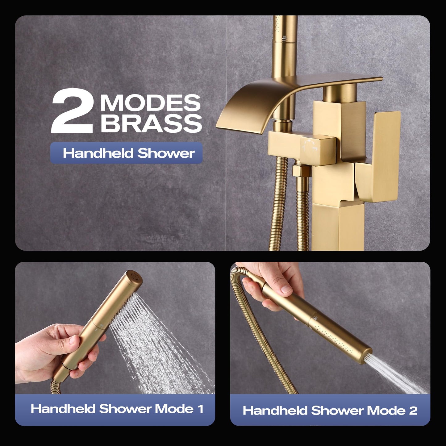 ALGRTS Waterfall Freestanding Bathtub Faucet, Floor Mount Bathroom Tub Filler Shower Faucets with Handheld Sprayer, Brushed Gold