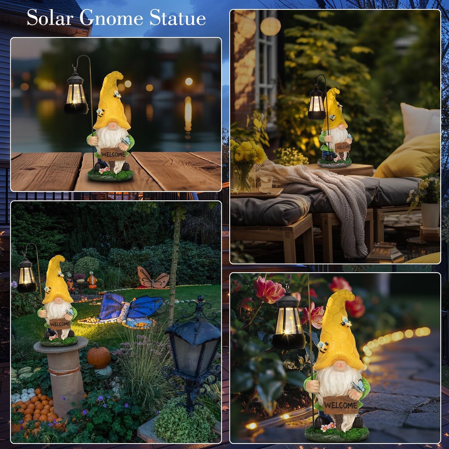 Solar Large Garden Gnomes Outdoor Statues with Lantern Light, Welcome Gnome Garden Outdoor Decor Gift Waterproof Decoration for Patio, Balcony, Yard Ornament Mom Gift