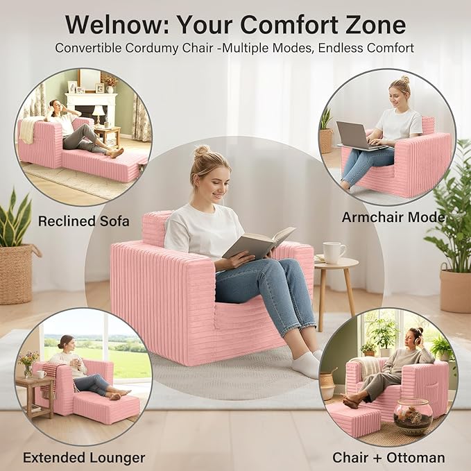 Welnow Folding Sofa Bed with Ottoman, Convertible 2-in-1 Boneless Couch Futon Lounge Chair Bed for Adults, Comfy Fold Out Sleeper Sofa for Small Spaces, Living Room, Bedroom, or Dorm, Pink