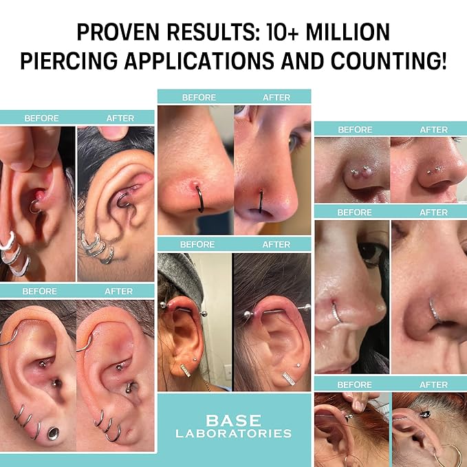 BASE LABORATORIES Piercing Aftercare Spray 4oz | Saline Spray for Piercings | Ear Piercing Cleaner Spray | Saline Solution for Piercings | Piercing & Keloid Bump Removal for Ears, Belly & Nose | 3PK