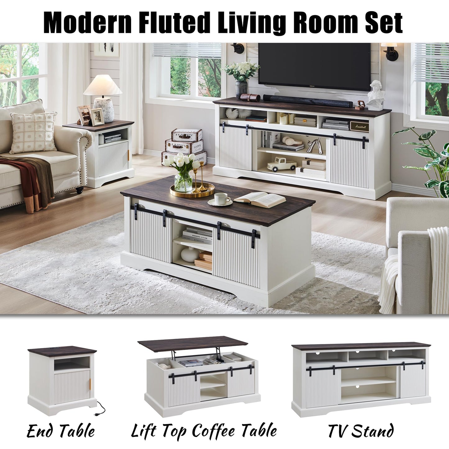 Fluted TV Stand for 80 Inch TVs, 32" Modern Entertainment Center with Waveform Panel Sliding Door, Media Console Cabinet w/Storage, Soundbar & Adjustable Shelf for Living Room, 70 inch (White)