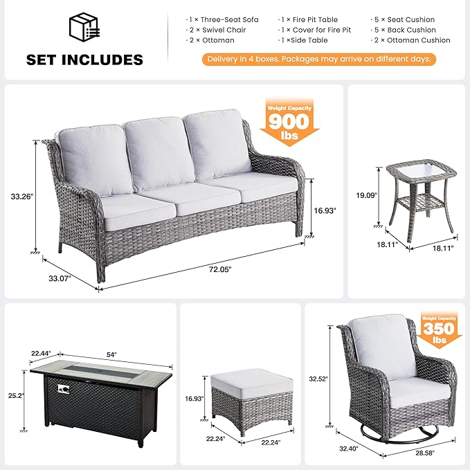 ovios 7 Pieces Patio Furniture Set, Outdoor Wicker Sofa Couch with Swivel Chairs 54" Fire Pit Table, High Back Modern All Weather Conversation Sets, Grey Rattan, Grey