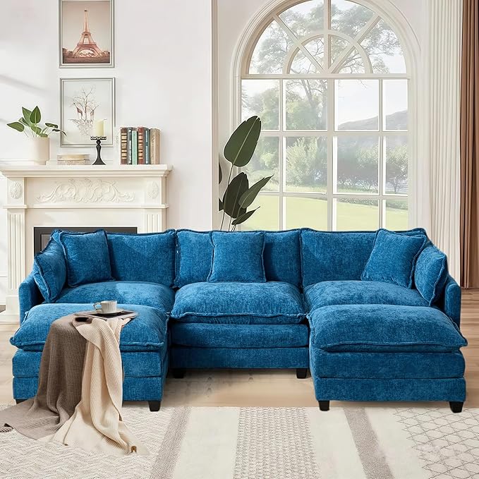 SoarFlash 113.78" Chenille Sectional Sofa, Comfy U Shaped Modular Coush Sofa with Ottoman, Modern 4 Seat Couch Deep Seat Sofa Set for Living Room,Blue