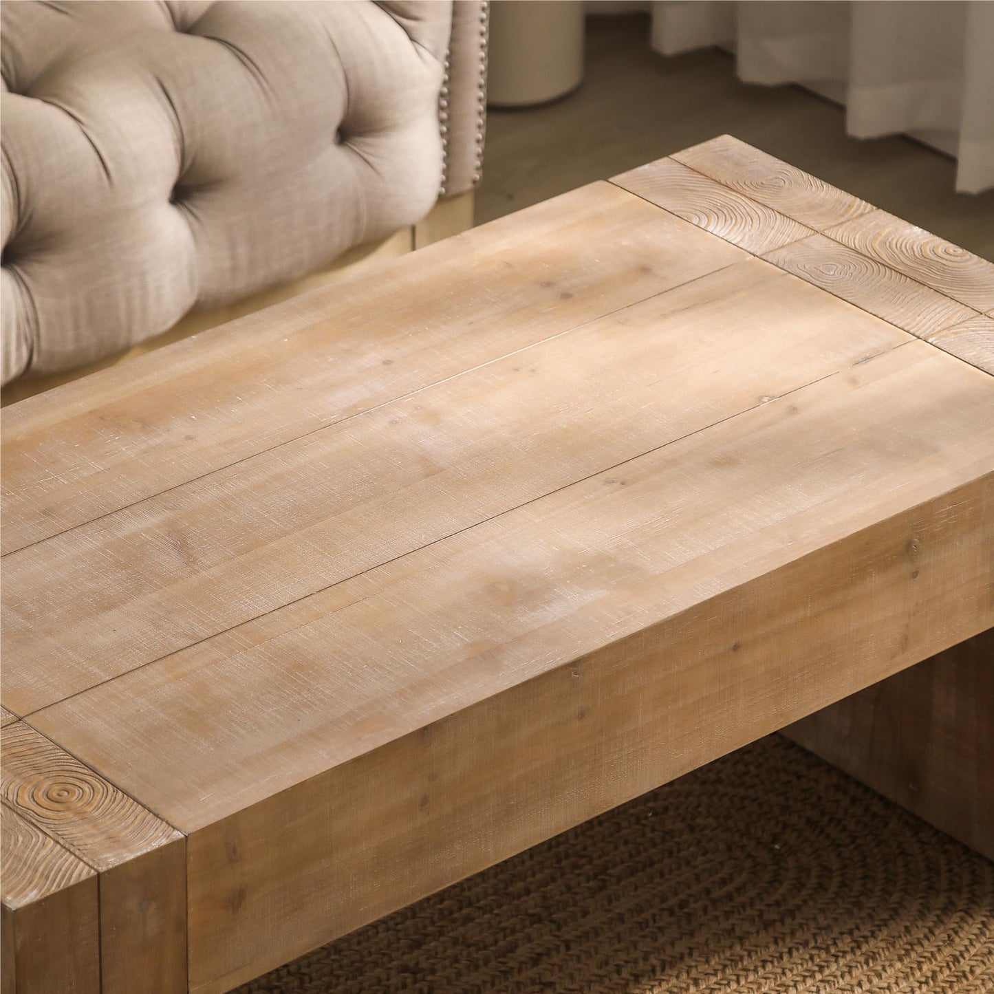 KEIKI Modern Farmhouse Coffee Table, Natural Wood Living Room Tea Table with Thick Top Design, Natural