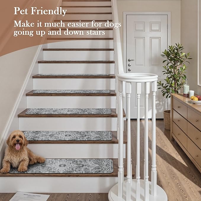 OJIA Stair Treads Non Slip Stair Runners for Wooden Steps Indoor, 15PCS 8"x30" Rubber Backing Carpet Treads for Wood Stairs Staircase Step Treads for Kids & Dogs, Stair Covers Safety Mats