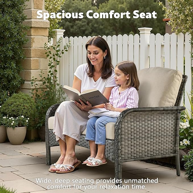 CAODOC 4-Piece Wicker Patio Furniture Set, All-Weather Rattan Conversation Bistro Loveseat Chair and Table Set for Backyard, Balcony and Deck with Soft Cushions and Metal Table(Tan)
