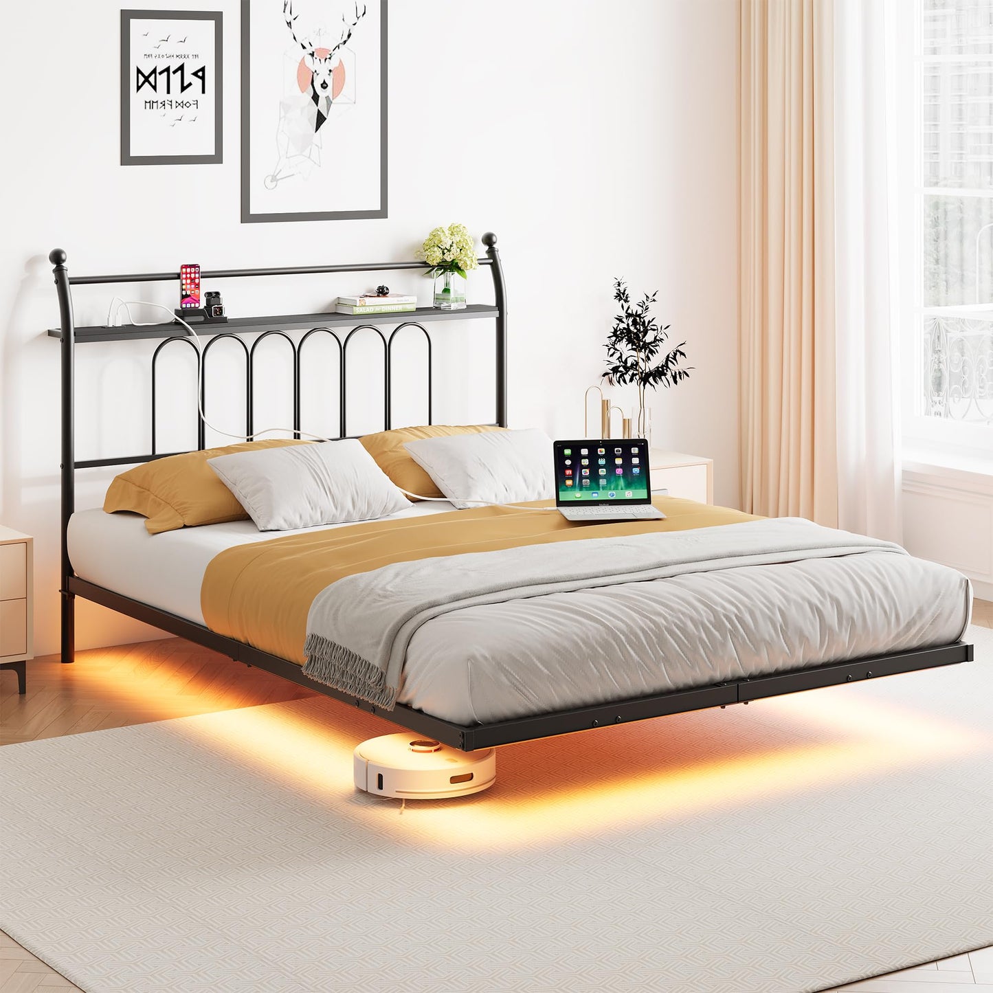 VERFARM Floating Double Bed Frame with USB Charging Station, LED Bed Frame with Wood Storage Headboard, Metal Platform Bed Frame Full Size, No Box Spring Needed, Steel Slat Support, Easy to Assemble