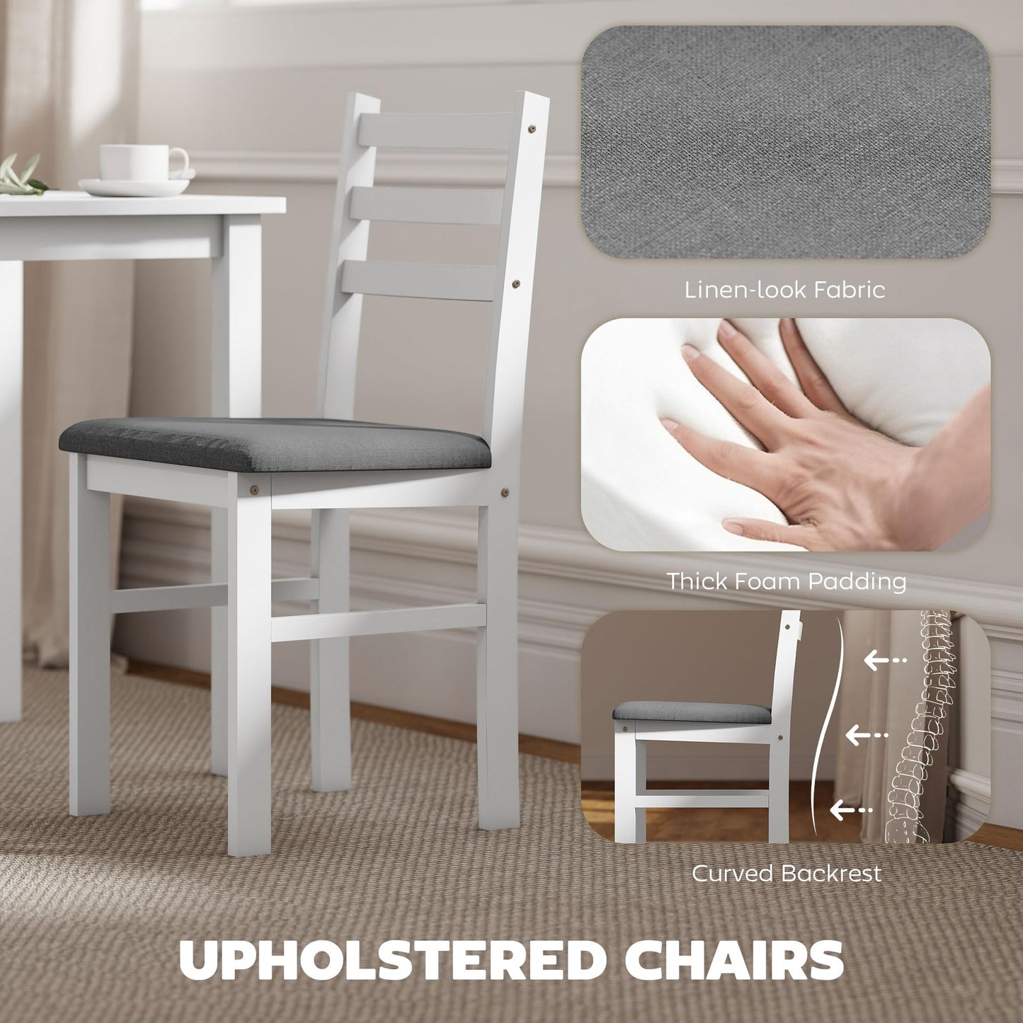 HOMCOM 5-Piece Dining Table Set for 4, Farmhouse Kitchen Table Set with 4 Upholstered Padded Chairs, Solid Wood Legs and Backrest for Small Space, Dining Room, Breakfast Nook, White