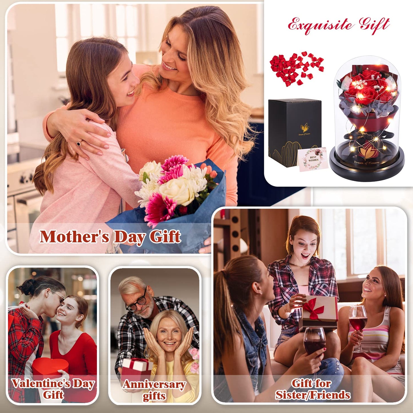 Birthday Flowers Gifts for Women,Anniversary Rose Gift for her,Beauty and The Beast Rose in Glass Dome with 2 Lighting Mode,Forever Flowers Bouquets Birthday Gifts for Women Mom Wife Girlfriend