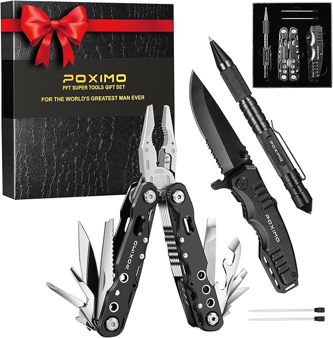 Multitool Gift Set for Men Dad Him, 3-in-1 EDC Survival Kit with 14 in1 Multi-Pliers, Pocket Knife & Tactical Pen | Premiu...