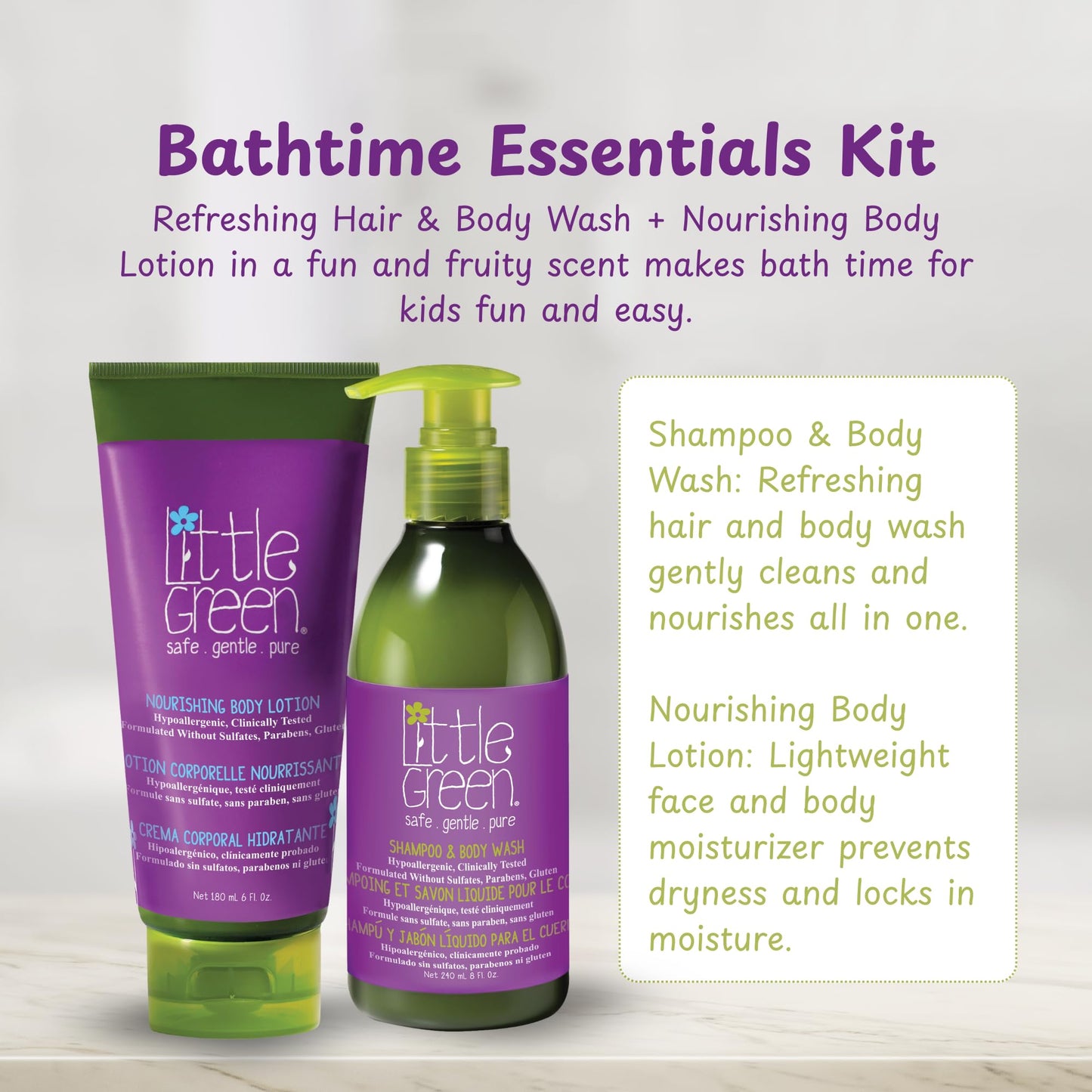 Little Green Kids Bathtime Essentials Kit, Hair & Body Wash, 8 oz. and Kids Body Lotion, 6 oz.