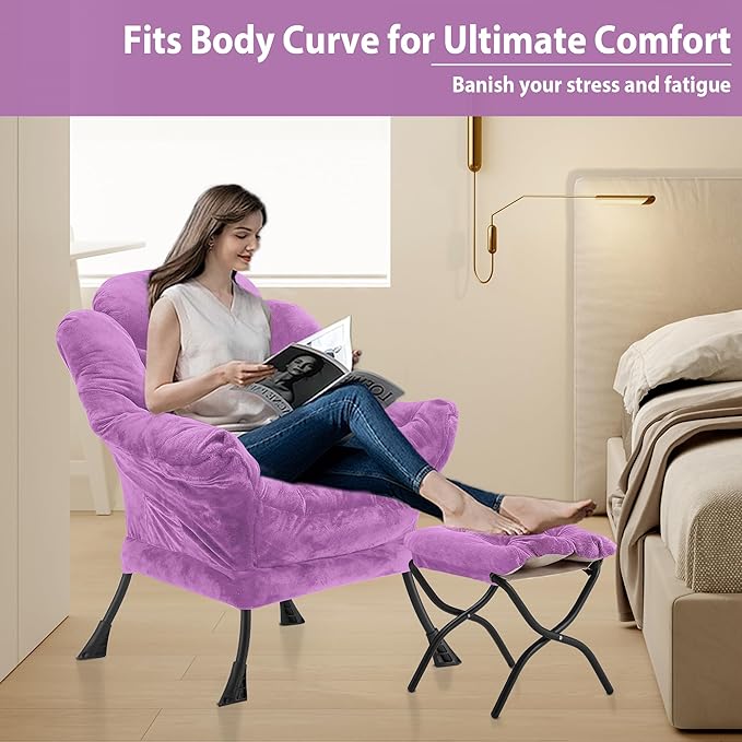 Youtanic Lazy Chair with Folding Ottoman, Accent Chair Plush Upholstered with Metal Structure and Non-Slip Pads, Sofa Armchair with Footrest and Side Storage Bag for Dorm, Room, Office, Purple