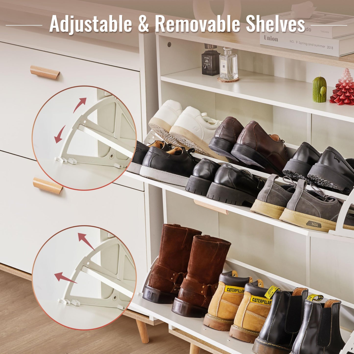 Slim Shoe Storage Cabinet with 2 Flip Drawers & Adjustable Shelves - Freestanding Entryway Shoe Organizer with Storage Compartment (Narrow Design with Legs)