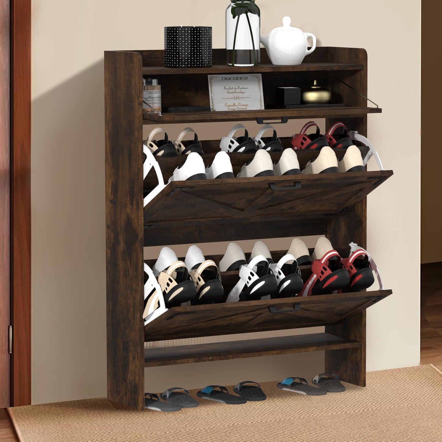 VINYUSE Shoe Cabinet with 2 Flip Drawers, Shoe Storage Cabinet for Entryway, Freestanding Hidden Shoe Cabinet Organizer with Storage Drawers, Narrow Shoe Rack with Legs, Rustic Brown, M