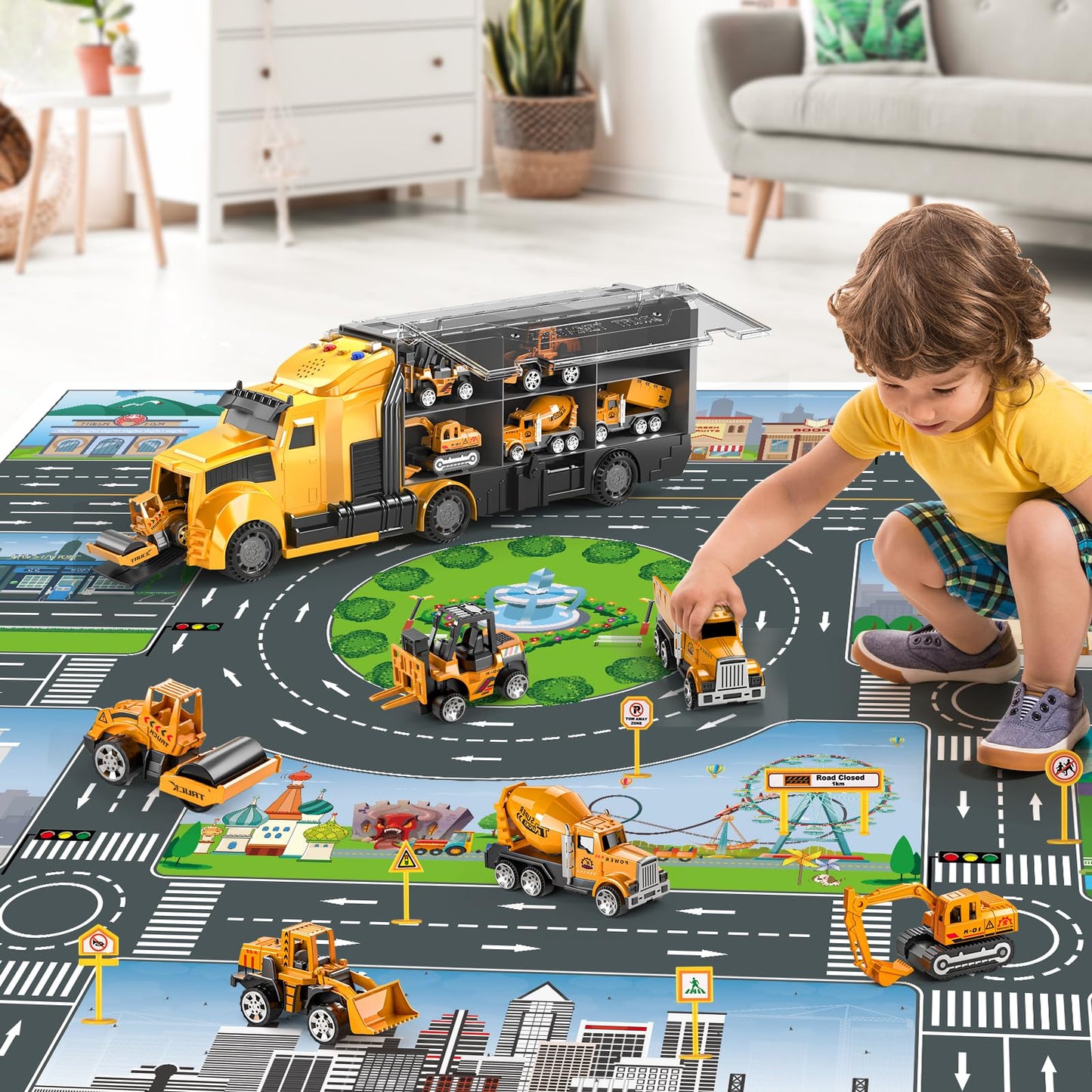 NIPLOOOW Construction Trucks Toy Set with Play Mat, Carrier Truck Play Vehicles Set for 3 4 5 6 Years Old Boys Kids, Die-Cast Car Toy for Toddlers 3-4 Years, Birthday Gifts Toys for 3-9 Year Old Boys