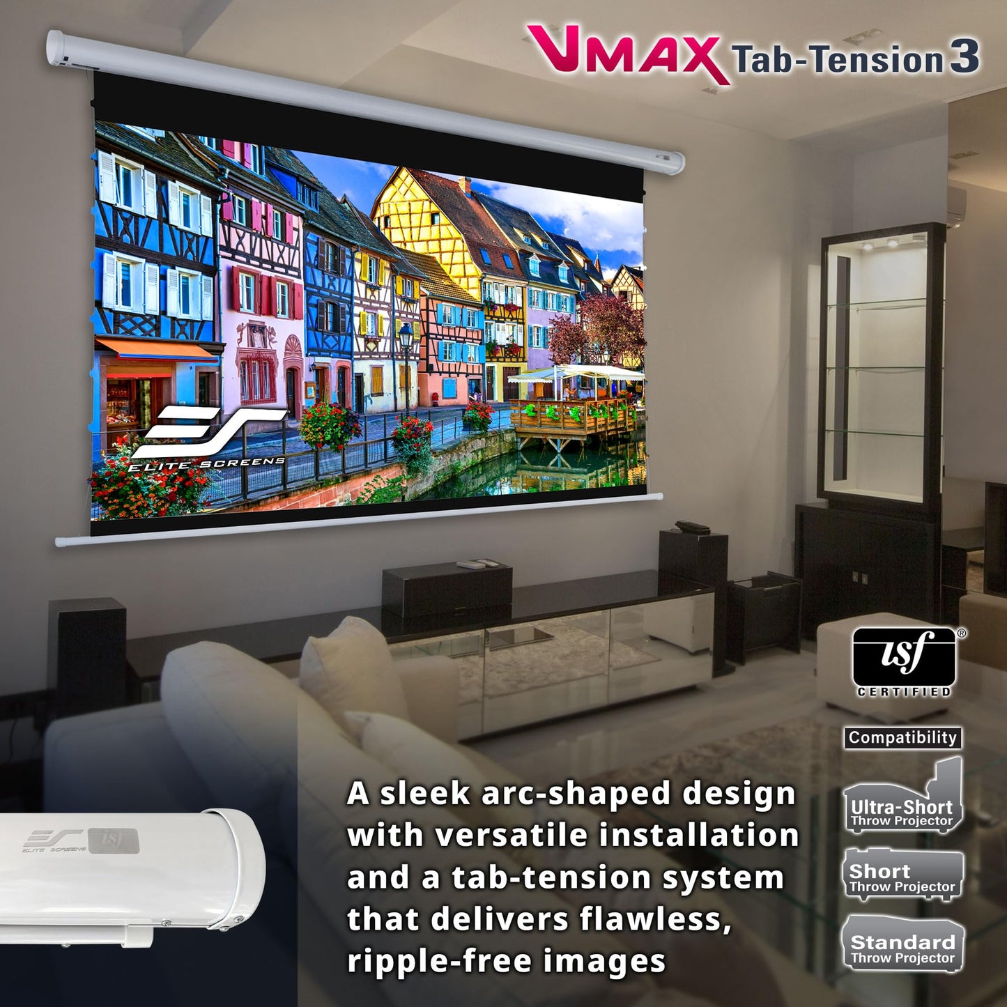 Elite Screens VMAX Tab Tension 3 Series, 135-INCH Electric Motorized Projector Screen Movie Home Theater Gaming, VMAXT135XWH3