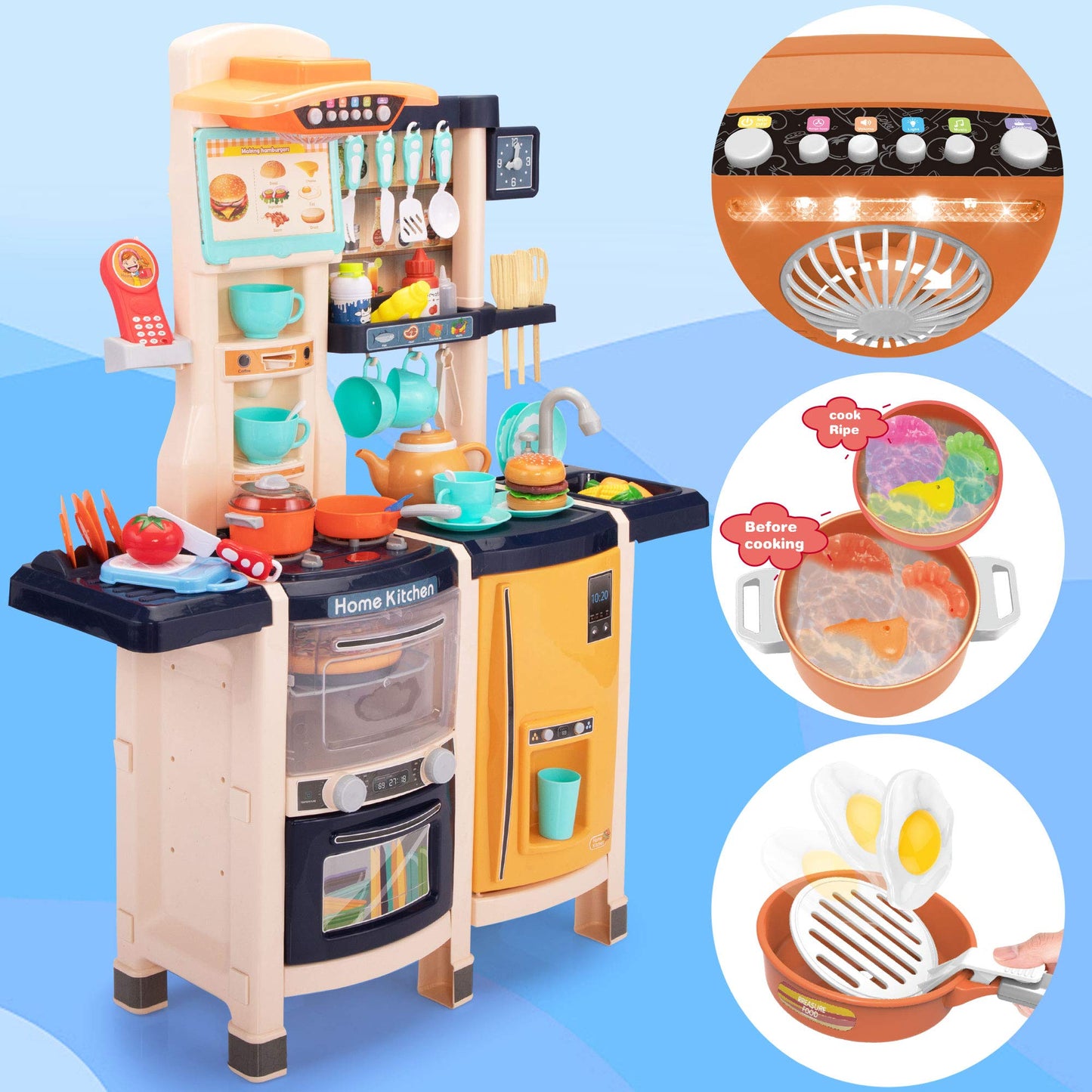 SANDINRAYLI Play Kitchen, Kids Kitchen Playset for Kids Ages 4-8, Toy Kitchen with Spray Stove, Oven, Sink, Dishwasher, Pretend Kitchen Set for Toddlers 3-5 with Real Sounds and Light, Blue