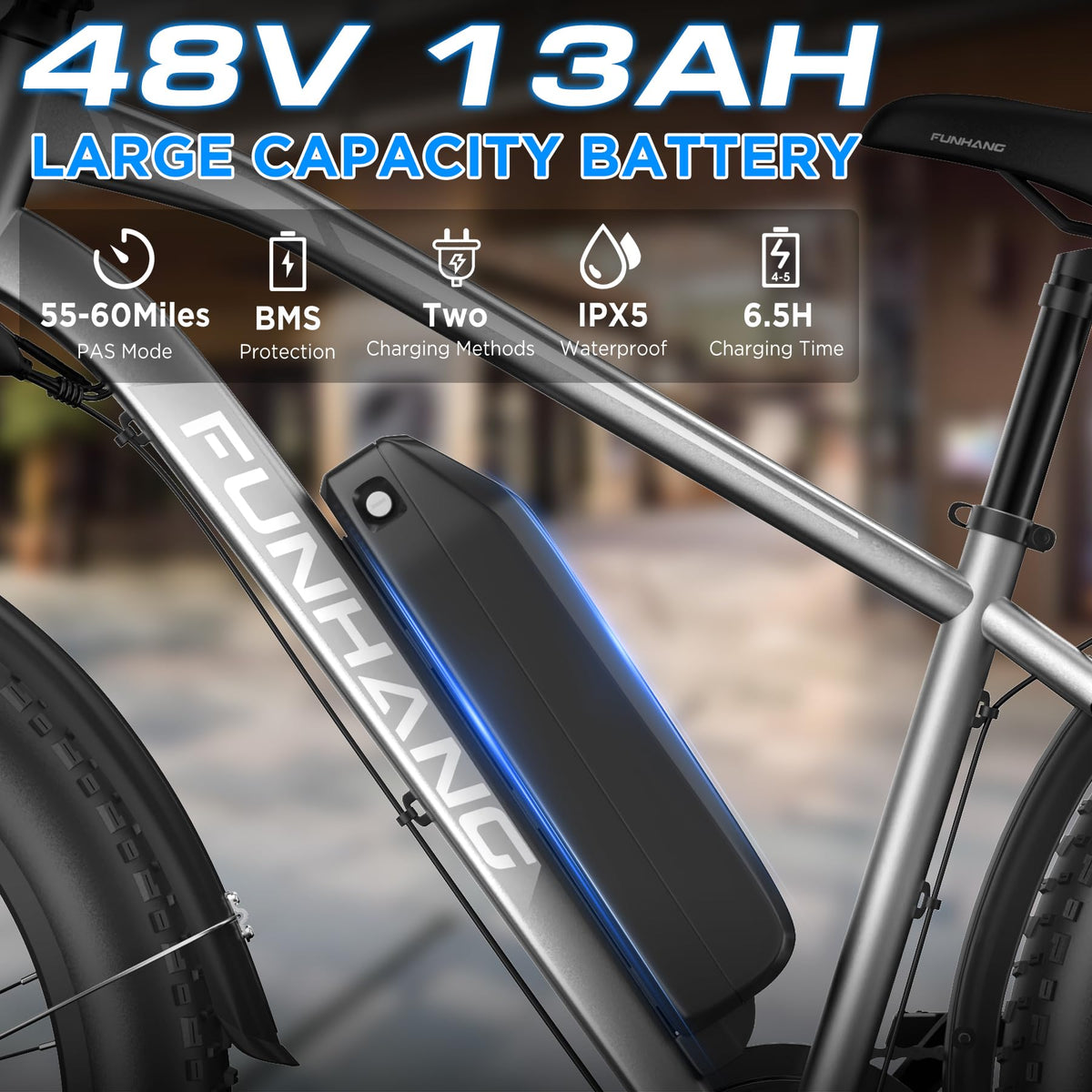 Funhang Electric Bike for Adults, 1000W Peak Ebike, 25MPH 60Miles Electric Mountain Bike, 26" Fat Tire Electric Bicycle with 48V 13AH Battery, Rear Rack, Turn Signal, Lockable Suspension Fork,7 Speed