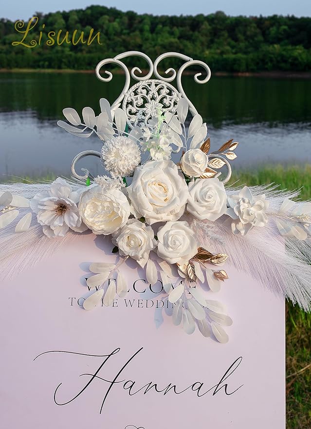 Wedding Arch Flowers, Artificial Floral Decor for Wedding Ceremony & Reception, Standard Size Large Flower Swag Set for Backdrop & Welcome Sign, Pack of 2 (White Pampas)