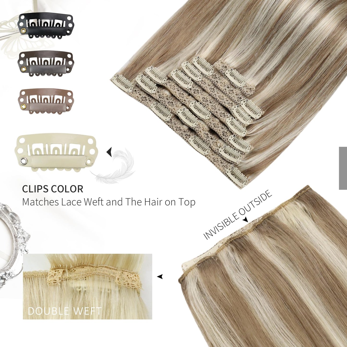 Moresoo Blonde Clip in Hair Extensions for Women Brown Highlight Real Hair Extensions Clip in Human Hair Light Brown with Blonde