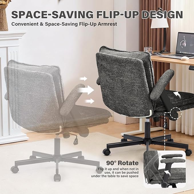 Kassipo Criss Cross Legged Office Chair with Wheels and Flip-Up Arms, Upholstered Criss Cross Desk Chair, Wide Seat Chairs for Home Office, Vanity, Apartment, Grey
