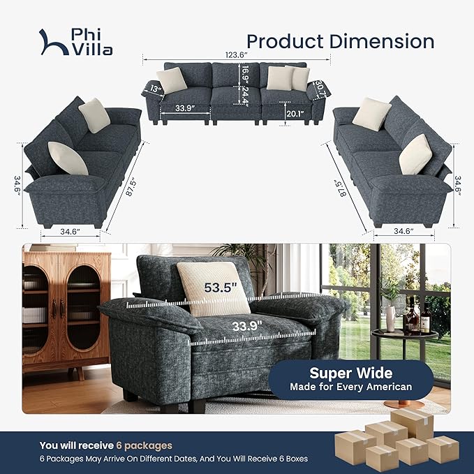 PHI VILLA Cloud Modular Couches Sets, 3 Pieces Large Sectional Sofa Set with Loveseats, 7-Seater Upholstered Couch for Living Room, Chenille Fabric, Dark Cyan