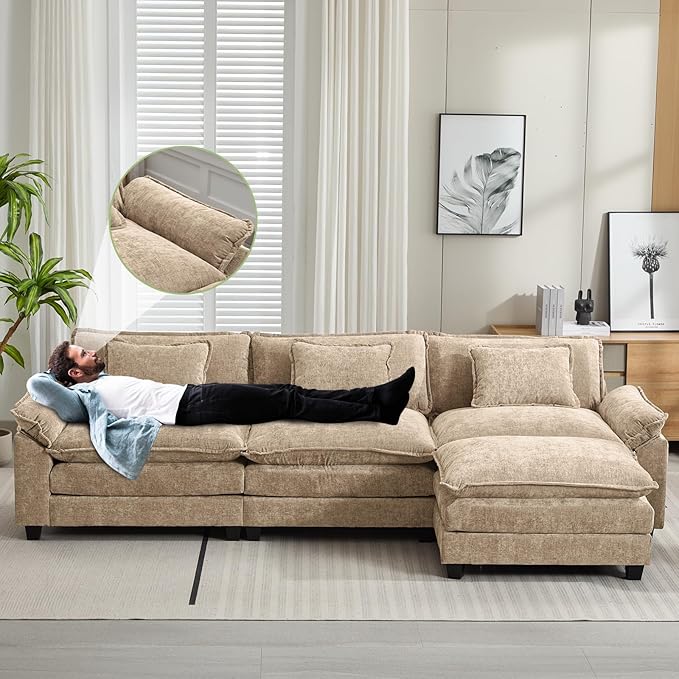 Oprisen 120" Modular Sectional Sofa, Comfy Cloud Couch Sectional Sofa with Ottoman, Chenille Sofa Sleeper Deep Seat Sofa with Throw Pillows for Living Room (Khaki, 120"- L Shape)