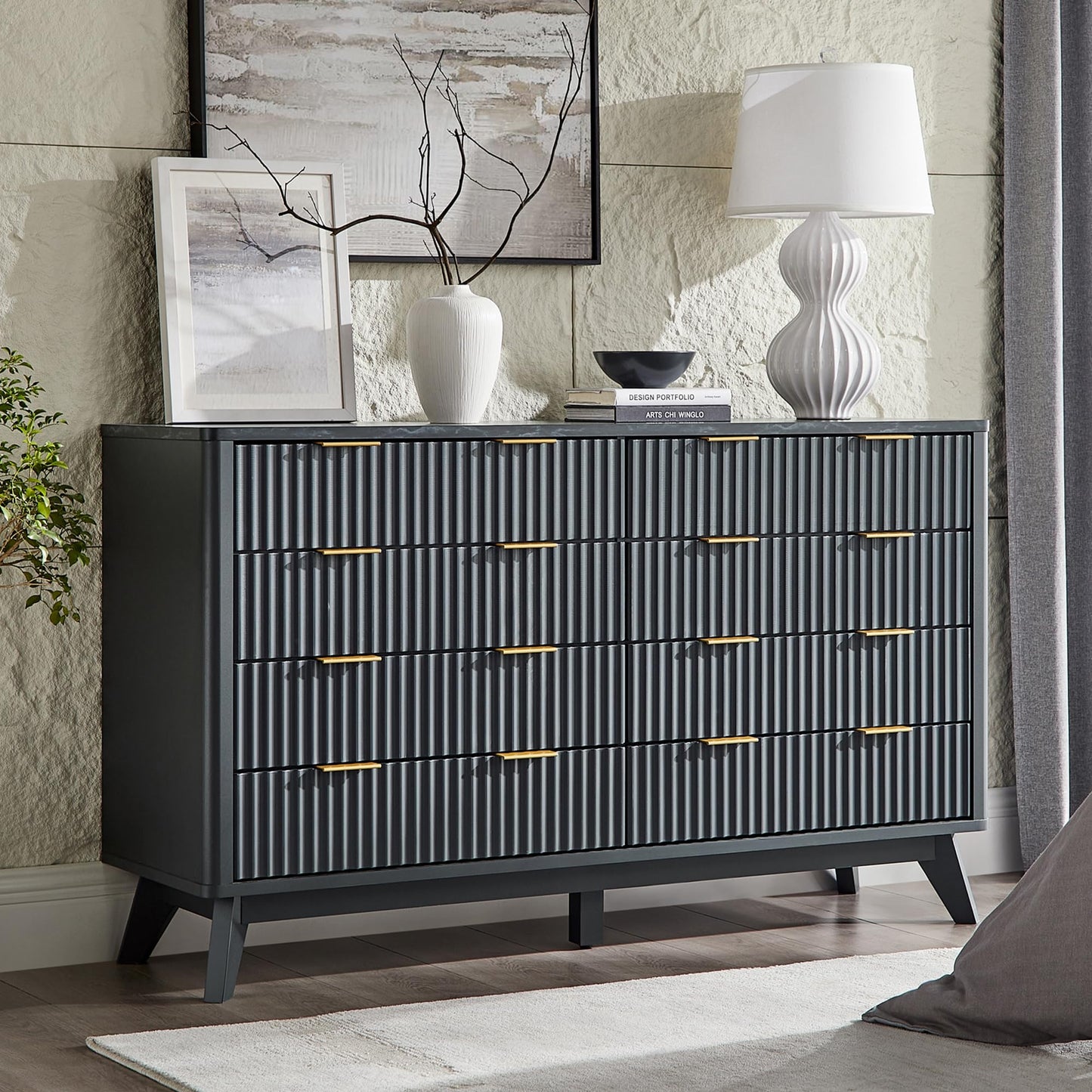 T4TREAM Fluted 8 Drawers Dresser, 54" Wide Modern Chest of Drawers with Faux Marble Top, Curved Profile Design, Dresser TV Stand, Wood Drawer Organizer for Bedroom, Living Room, Hallway, Dark Grey
