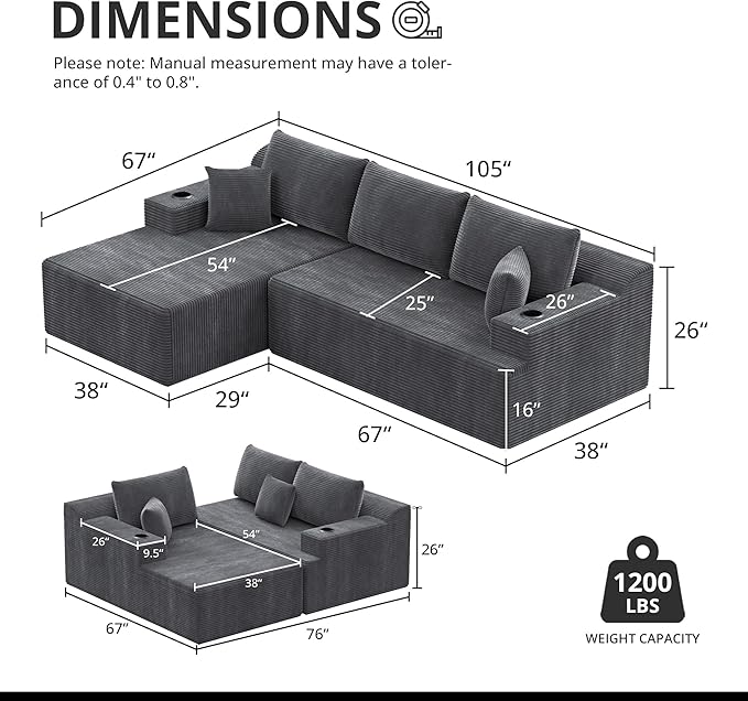 105" Cloud Sectional Couch with L-Shape Chaise, Modular Sectional Sofa with Deep Seat & 2 Cup Holders, Modern Corduroy Boneless Couches for Living Room, No Assembly Required, Left Facing Chaise, Grey | Pet Friendly, Flexible Layout