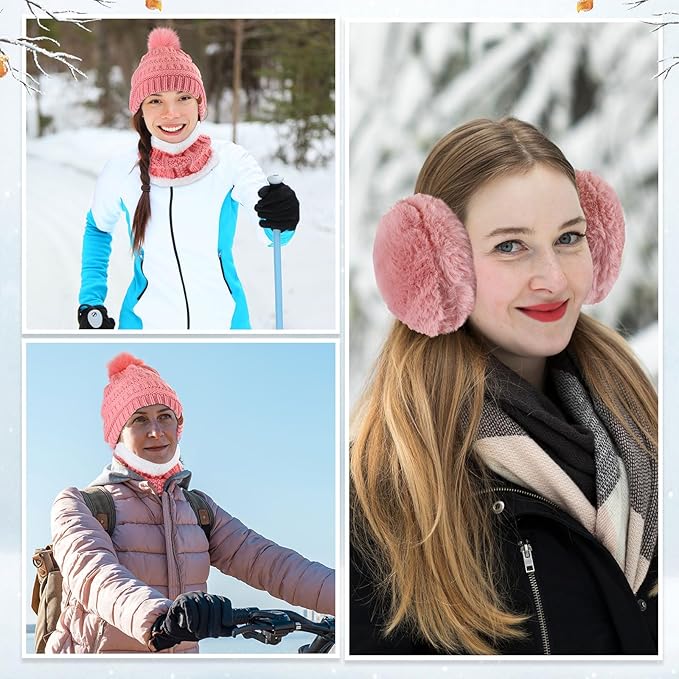 5 Pieces Women Winter Warm Set Knit Beanie Hat Scarf Touchscreen Gloves Earmuffs Stockings 5 in 1 Ski Outing Set for Gift
