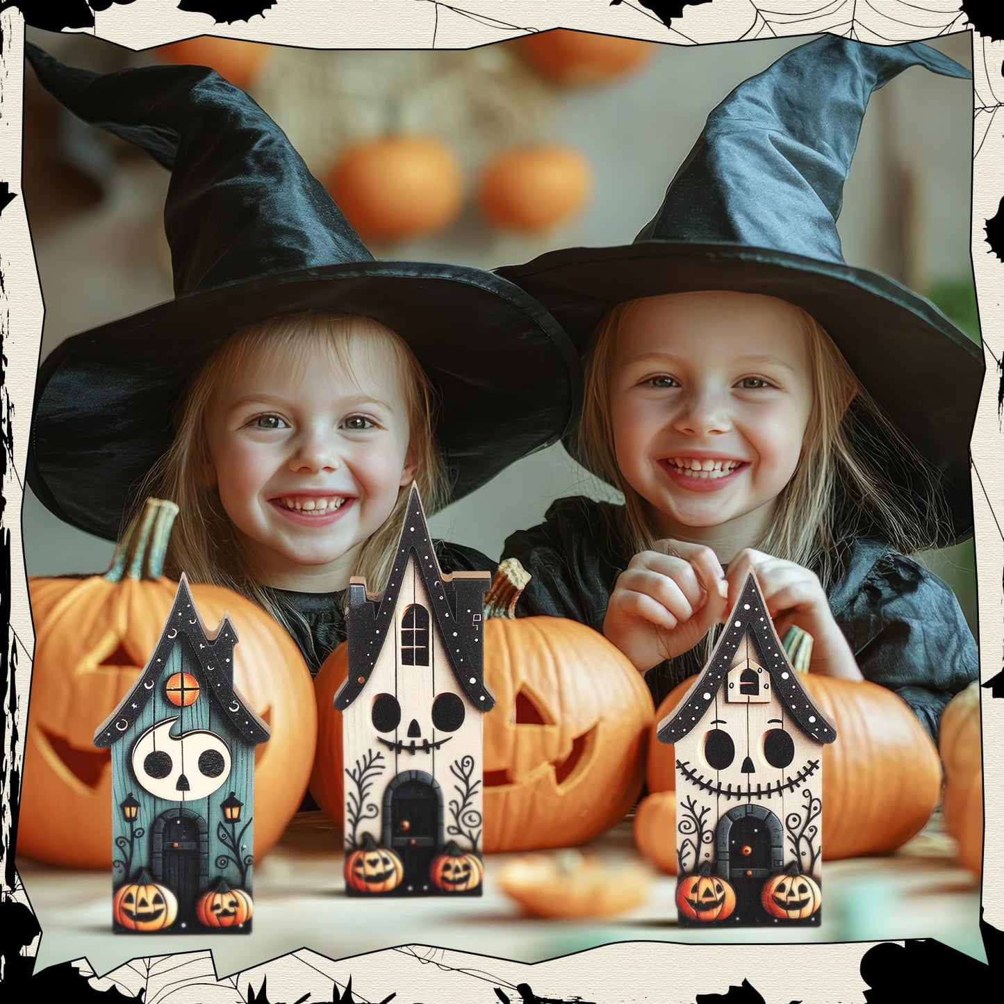 Redbaker 3 Pieces Halloween Table Decorations Haunted House Wooden Block Sign Halloween Tiered Tray Decor Rustic Farmhouse Pumpkin Ghost Centerpieces for Home Shelf Desk Mantel Tabletop Party Decor