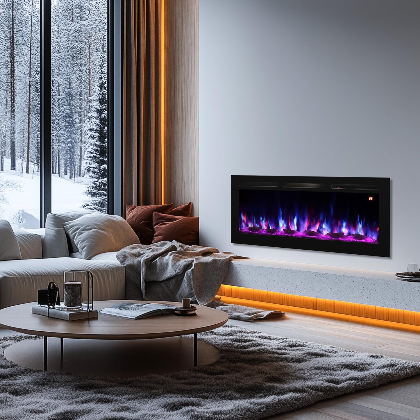 48 Inch Wall Mounted/Recessed/Freestanding Electric Fireplace Inserts，3 in 1 Electric Fireplace with 4 Solid Flame Colors & 10 Mixed Flame Colors,1-9H Timer, 750w/1500w