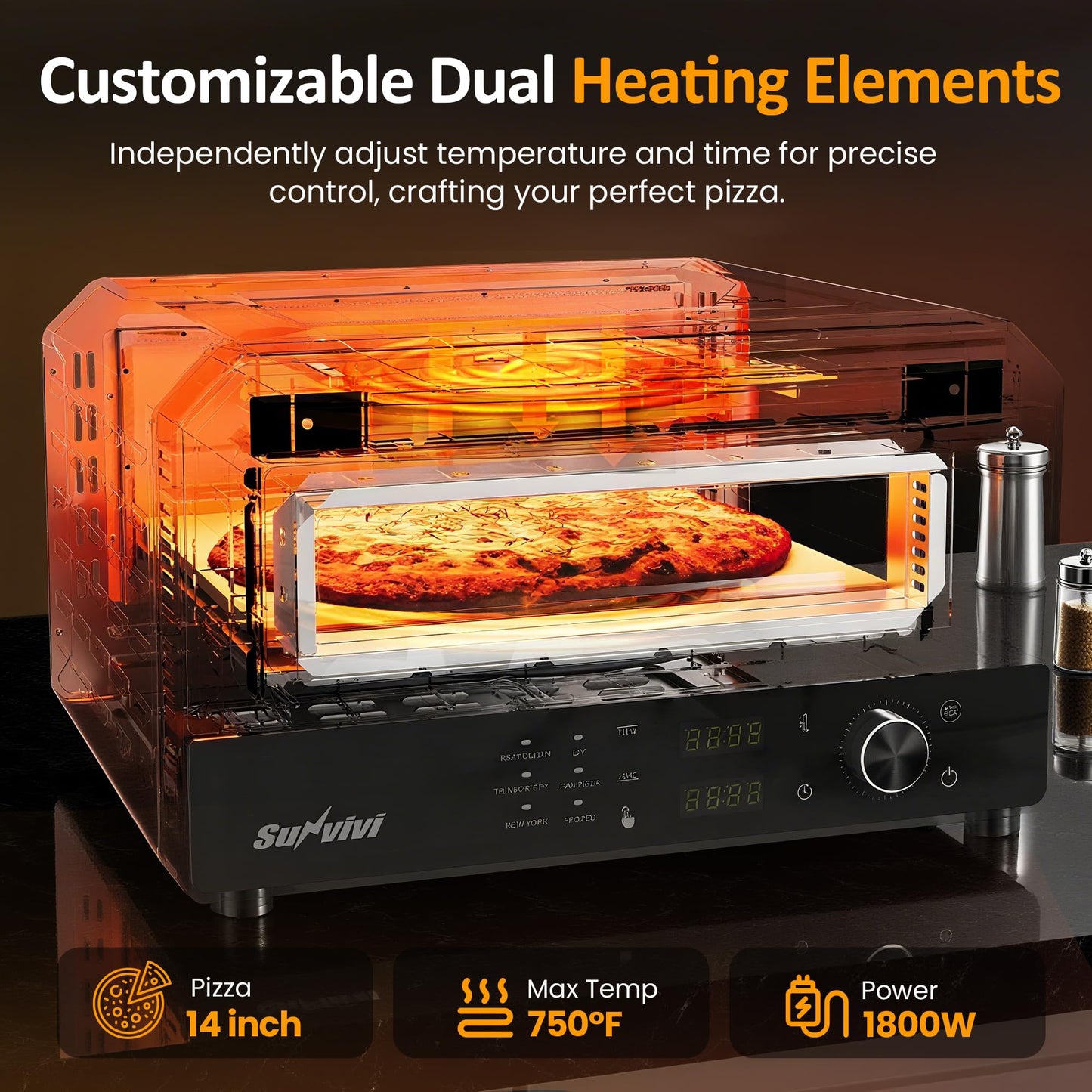 SUNVIVIPRO Pizza Oven Indoor Outdoor: Heats up to 750℉, Up to 12" Electric Countertop Pizza Maker with 6 Presets, Control Knob, Portable Pizza Cooker Warmer for Home, Camping, Pizza Stone, Pizza Peel