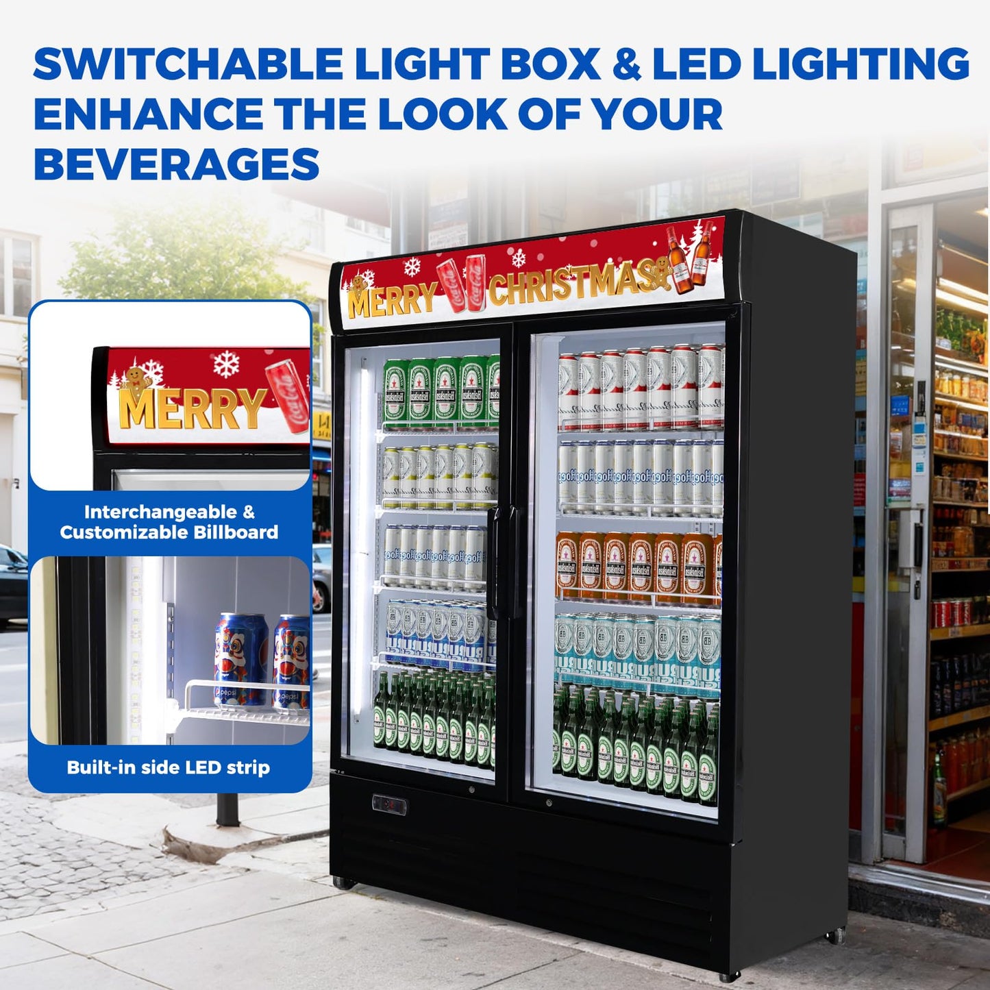 Bluelinecool 36 cu.ft Commercial Refrigerators with 2 Glass Door, Beverage Fridge with LED Light Display Upright Merchandiser, Drink Cooler with 8 Adjustable Shelves Black ETL Approved