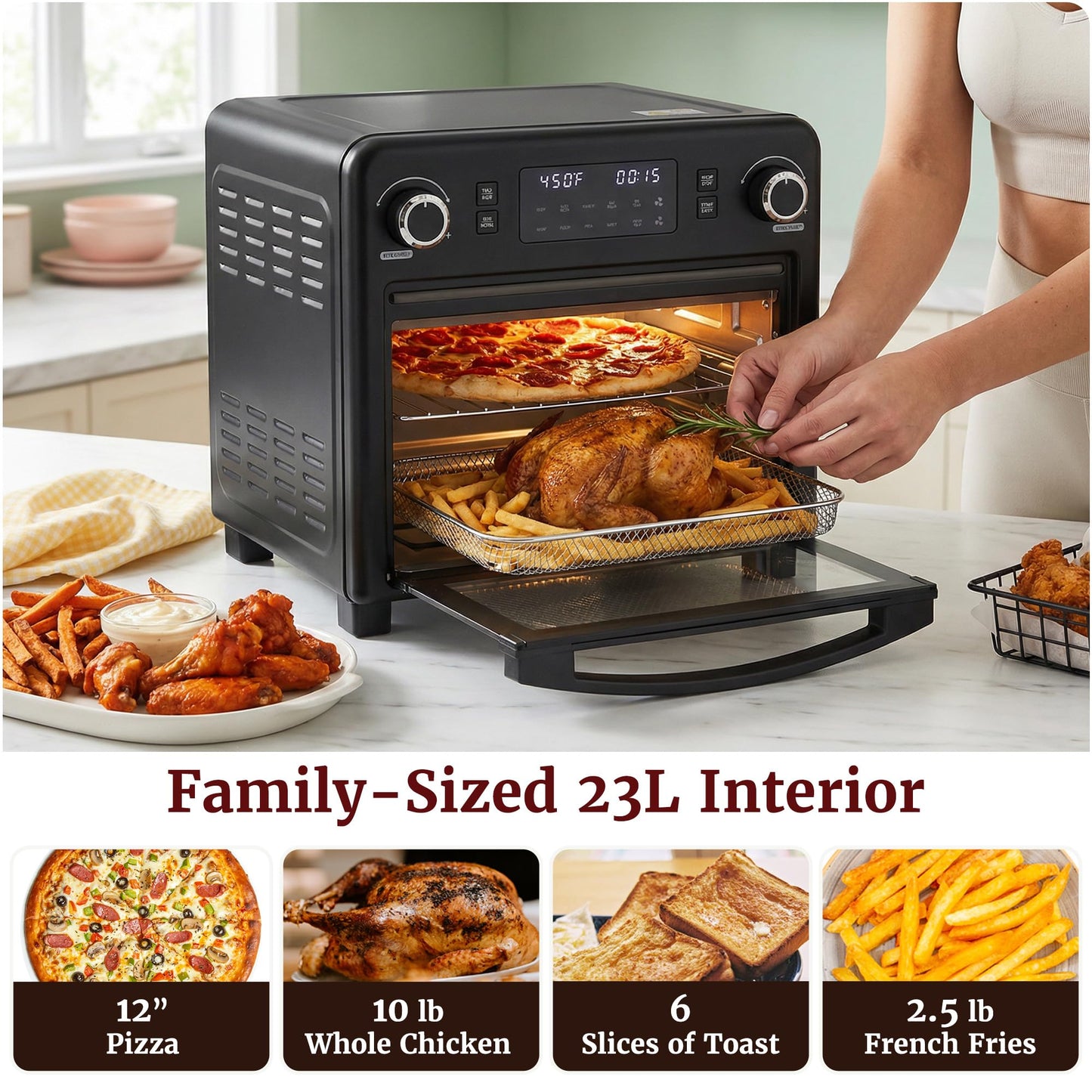Elite Gourmet EAF9320 23L Air Fryer Toaster Oven, 10-in-1 Digital Convection Countertop Oven, Dual Fan Speeds, Air Fry, Bake, Broil, Toast, Dehydrate, 1600W w/Air Fry Rack, Bake Rack & Pan, Black
