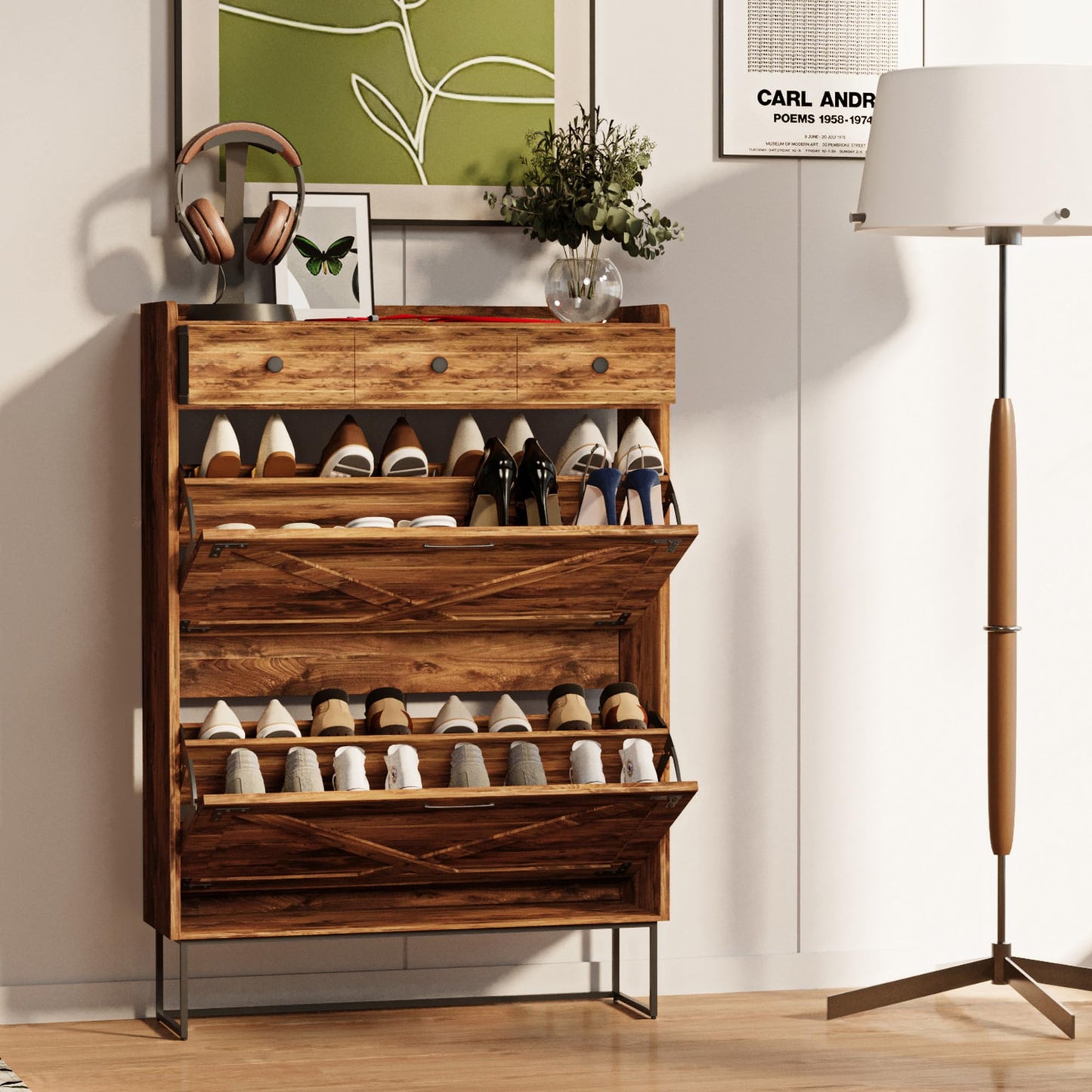 LAUSAINT HOME Shoe Storage Cabinet with 2 Flip Drawers & 3 Drawers for Entryway, Freestanding Hidden Shoe Organizer with Metal Legs, Slim Narrow Shoe Rack Cabinet, Rustic Brown