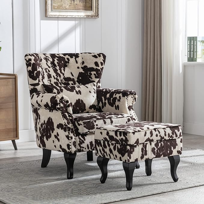 chairus Mid-Century Modern Accent Chair with Ottoman, Comfy Velvet Single Sofa Chair Button Tufted Wingback Armchair with Pillow for Living Room/Bedroom/Club - Cow