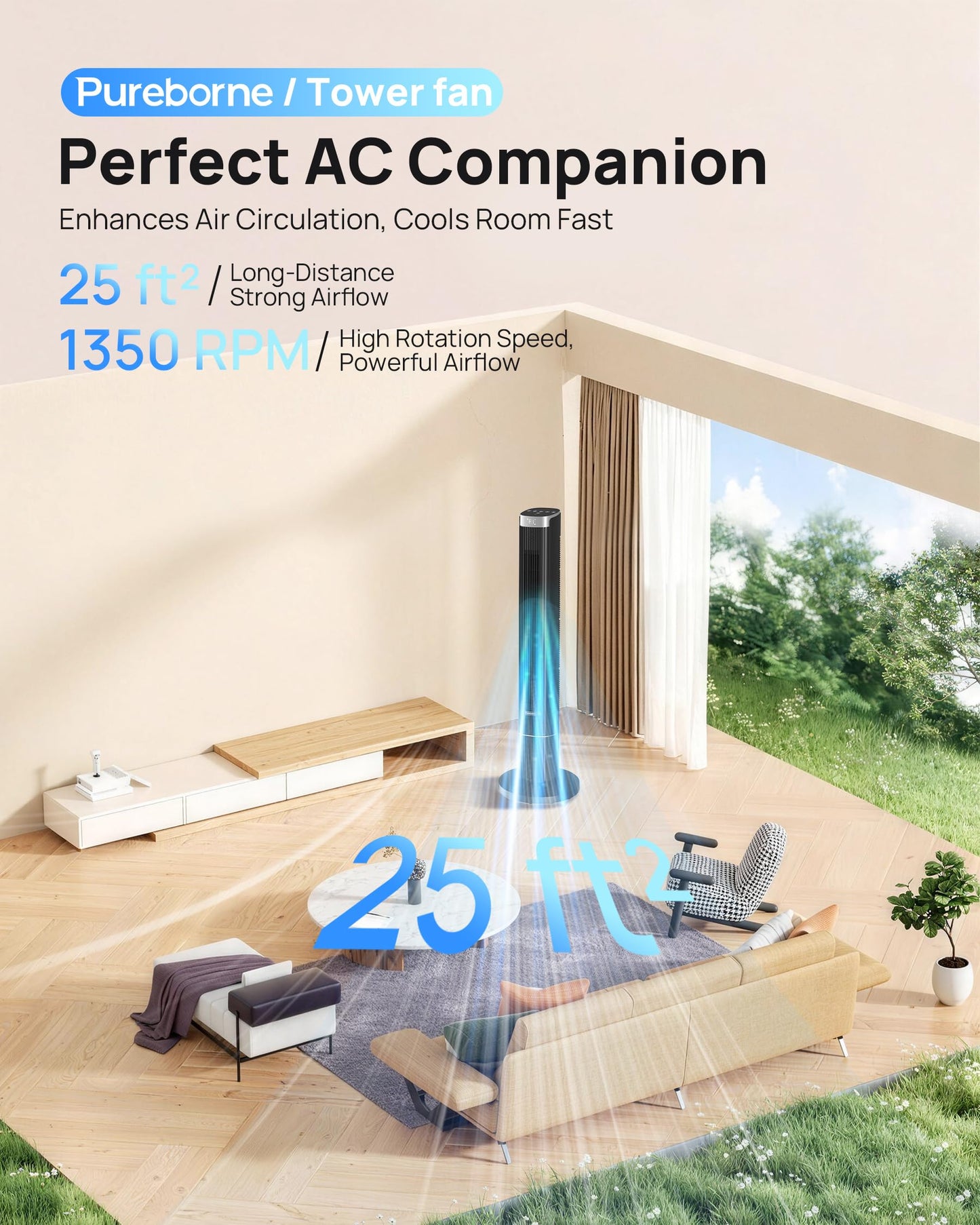 Pureborne 42-Inch Smart Tower Fan, 25dB Ultra-Quiet, 90° Oscillating Standing Fan, App & Voice Control, Remote, 4 Speeds, 4 Modes, 12H Timer, Floor Fan for Bedroom, Office, Black, 1 Pack