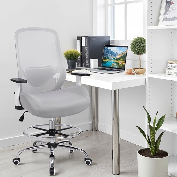 Heavy Duty Office Drafting Chair, High Back Ergonomic Chair,400Lbs Tall Office Chairs, Big and Tall Office Chair with Flip-up Armrest Lumbar Support and Footrest, Adjustable Counter Height Chairs