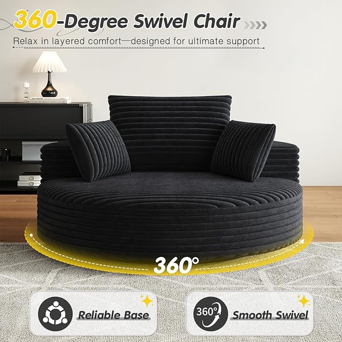 360-Degree Oversized Swivel Chair, Modern Round Circle Corduroy Comfy Deep Seat Swivel Accent Chaise Lounge Sofa Chair with Back Cushion & 2 Throw Pillows for Living Room Bedroom Office, Black