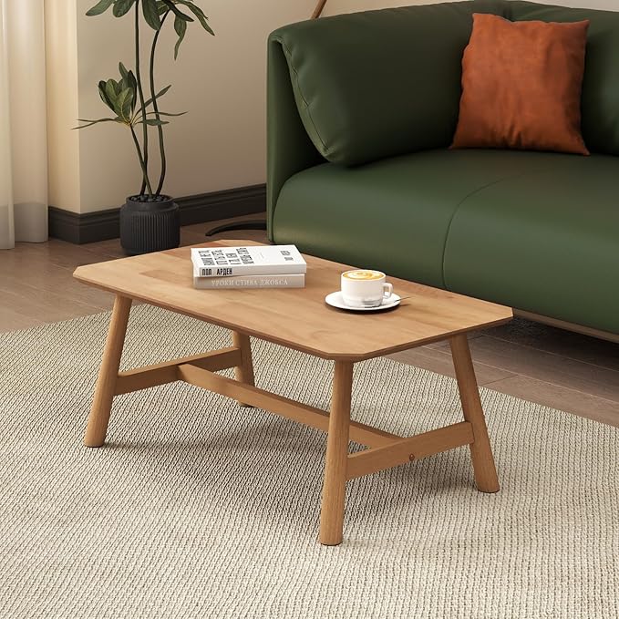 Ya-Home Farmhouse Coffee Table 35.5” Side Table Mid Century Wooden Table, Solid Wood Tea Table for Living Room Reception Room, Natural Finish